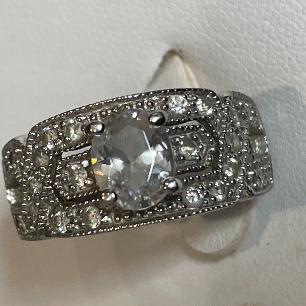 Silver Crystal Halo Statement Ring in White